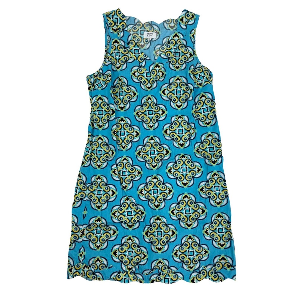 Crown & Ivy Blue Tile Pattern Sleeveless Scalloped Edge V-Neck Dress Sz 2